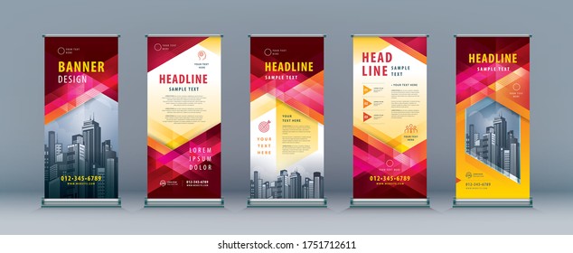 Business Roll Up Set. Standee Design. Banner Template, Abstract Red Geometric Triangle Background vector Brochures, flyer, presentation, leaflet, j-flag, x-stand, x-banner, exhibition display