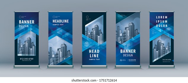 Business Roll Up Set. Standee Design. Banner Template, Abstract Blue Geometric Triangle Background vector Brochures, flyer, presentation, leaflet, j-flag, x-stand, x-banner, exhibition display