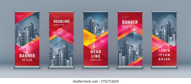 Business Roll Up Set. Standee Design. Banner Template, Abstract Red Geometric Triangle Background vector Brochures, flyer, presentation, leaflet, j-flag, x-stand, x-banner, exhibition display