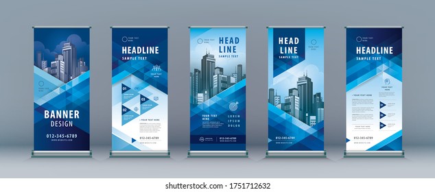 Business Roll Up Set. Standee Design. Banner Template, Abstract Blue Geometric Triangle Background vector Brochures, flyer, presentation, leaflet, j-flag, x-stand, x-banner, exhibition display