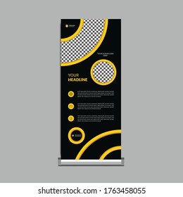 Juego de Acumulación de Negocios. Diseño estándar. Plantilla de banner, Resumen de círculo amarillo con vector de fondo negro, volante, presentación, folleto, bandera j, base x, pancarta x, exhibición de exhibición