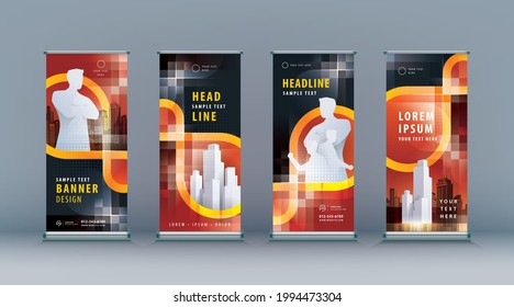Business Roll Up Set. Standee Design. Banner Template, Abstract Black and Red infinity Loop Background vector Brochures, flyer, leaflet, j-flag, x-stand, x-banner, exhibition display