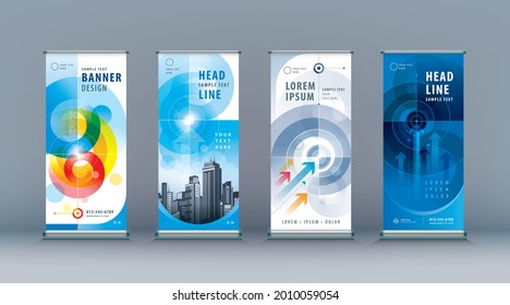 Business Roll Up Set. Standee Design. Banner Template, Abstract Arrow and Target vector, presentation, leaflet, j-flag, x-stand, exhibition display, Path to the goal, Concept growth to success.