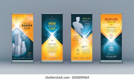 Business Roll Up Set. Standee Design. Banner Template, Abstract Black and Yellow Geometric infinity vector Brochures, leaflet, j-flag, x-stand, x-banner, exhibition display