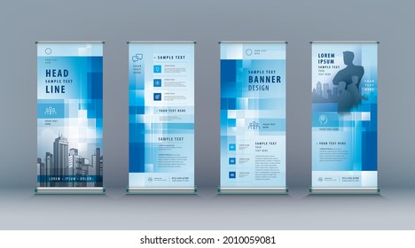 Business Roll Up Set. Standee Design. Banner Template, Abstract Blue Geometric Pixel vector Brochures, flyer, presentation, j-flag, x-stand, x-banner, exhibition display