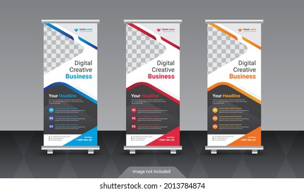 Business Roll Up Set. Standee Design. Banner Template, Abstract Blue Geometric Triangle Background vector, flyer, presentation, leaflet, j-flag, x-stand, x-banner, exhibition display 
