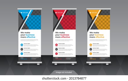 Business Roll Up Set. Standee Design. Banner Template, Abstract Blue Geometric Triangle Background vector, flyer, presentation, leaflet, j-flag, x-stand, x-banner, exhibition display 