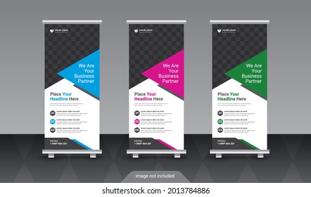 Business Roll Up Set. Standee Design. Banner Template, Abstract Blue Geometric Triangle Background vector, flyer, presentation, leaflet, j-flag, x-stand, x-banner, exhibition display 