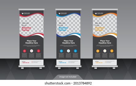 Business Roll Up Set. Standee Design. Banner Template, Abstract Blue Geometric Triangle Background vector, flyer, presentation, leaflet, j-flag, x-stand, x-banner, exhibition display 