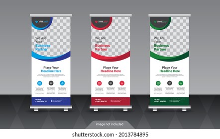 Business Roll Up Set. Standee Design. Banner Template, Abstract Blue Geometric Triangle Background vector, flyer, presentation, leaflet, j-flag, x-stand, x-banner, exhibition display 