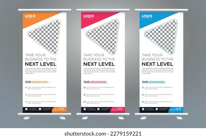 Business Roll Up Set. Standee Design. Banner Template, Abstract Blue Geometric Triangle Background vector, flyer, presentation, leaflet, j-flag, x-stand, x-banner, exhibition display