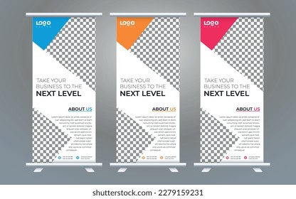 Business Roll Up Set. Standee Design. Banner Template, Abstract Blue Geometric Triangle Background vector, flyer, presentation, leaflet, j-flag, x-stand, x-banner, exhibition display