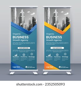 Business Roll Up Set. Standee Design. Modern Exhibition Advertising Banner Template, Abstract Blue Geometric Triangle Background vector, flyer, presentation, leaflet, Roll Up Banner, Stand Poster