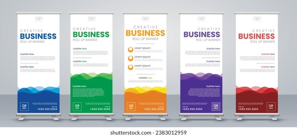 Business Roll Up Set and Standee Design for Vertical Banner Design Signboard Advertising Template Vector X-banner and Street Business Flag of Convenience
in blue, green, yellow, purple and red