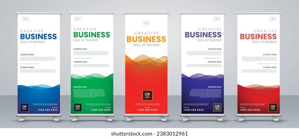 Business Roll Up Set and Standee Design for Vertical Banner Design Signboard Advertising Template Vector X-banner and Street Business Flag of Convenience
in blue, green, yellow, purple and red