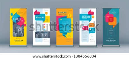 Business Roll Up Set. Standee Design. Banner Template, Abstract Colorful Speech Bubbles Background vector, flyer, leaflet, j-flag, x-stand, x-banner, exhibition display, social, talk bubble