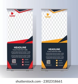 Business Roll Up Set.Vertical Banner Design Signboard Advertising Brochure Flyer Template Vector X-banne Modern Exhibition Advertising Trend Business Roll Up Banner Stand Poster Brochure flat design