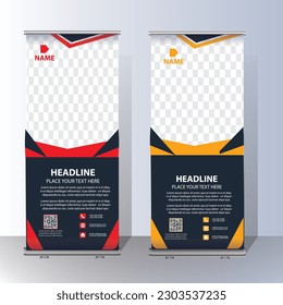 Business Roll Up Set.Vertical Banner Design Signboard Advertising Brochure Flyer Template Vector X-banne Modern Exhibition Advertising Trend Business Roll Up Banner Stand Poster Brochure flat design