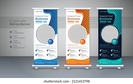 Business Roll up stand template design, Blue banner layout, advertisement.pull up Abstract modern template billboard, banner stand or flag design layout for conference, forum, shop vector background