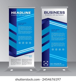 Business roll up template vector illustration, Designed for style applied to the expo. Publicity banners, business model vertical banner design, rollup with blue color, vector eps 10.