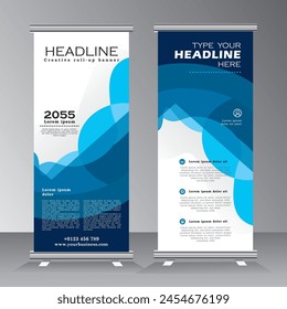 Ilustración vectorial de Plantilla enrollable de negocios, Diseñado para el estilo aplicado a la exposición. Anuncios de publicidad, diseño de Anuncio de Vertical de modelo de negocio, rollo con color azul, Vector eps 10.