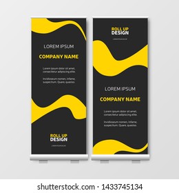 Business Roll Up. Presentation template, black and yellow brochure or flyer, vertical banner design, cover geometric background, modern publication layout. Vector, eps10