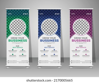 Business Roll Up. Standee Design. Banner Template. Presentation. Abstract Blue Green Geometric leaflet, j-flag, x-stand, x-banner, Grow your business. Exhibition display. Vector