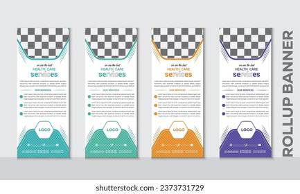 Business Roll Up. Standee Design. Elegant medical health care rollup banner template bundle. medical, 3d, advertising, trendy roll up standee banner design template