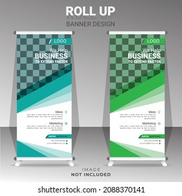 Unternehmensfortbildung. Vektorgrafik. Intelligente Roll-Up-Banner, moderne Farben. Vertikale Aufrollung, x-Stand, Ausstellungsanzeige, rücksetzbarer Bannerstand oder Flaggendesign-Layout.