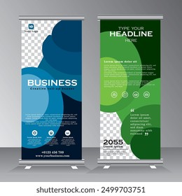 Business roll up vector banner design, green and blue colour graphic vertical template for exhibition, conference, event, advertising and several purpose. company banner template, vector