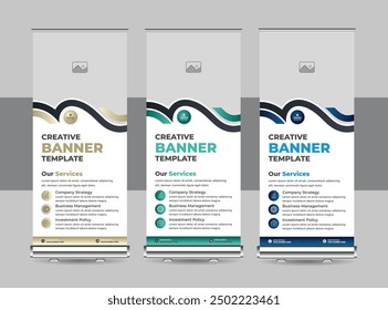 Business rollup banner template, advertisement, pull up, display banner, x-banner, flag-banner, exhibition banner design template or Roll up stand. Business Roll Up. Standee Design