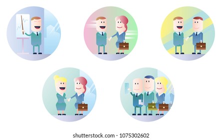 Business round icon set cartoons in pastel colors