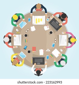 Business Round Table. Flat Design Vector Illustration. Meeting, Office, Teamwork, Brianstorming Concept.