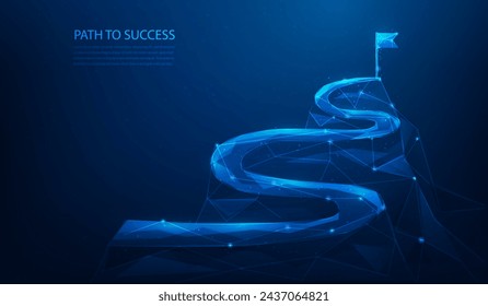 business route to success to goal technology on blue background. leadership vision and goal. target business mission.achievement mountain and flag on peak. vector illustration fantastic.