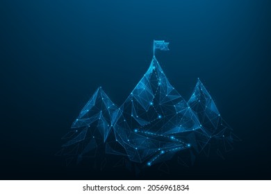 business route to success low poly wireframe. flag on the top mountain. vector illustration futuristic. successful mission. goal and achievement concept. consisting of points, lines, and triangle.