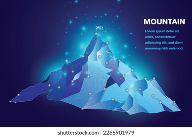 business route to success low poly wireframe. flag on the top mountain. vector illustration futuristic. successful mission. goal and achievement concept. consisting of points, lines, and triangle.