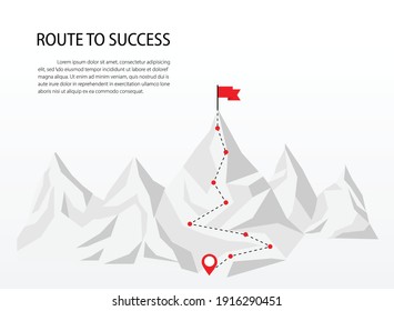 business route to the top of mountain. road to success. Mountain climbing with red flag on peak. vector illustration modern design. Business and goals concept