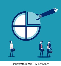 Business RPA Concept: Robotic arm grab a slice of an pie chart watched by other businessmen