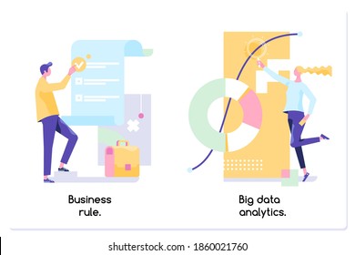 Regla de negocio, análisis de big data, software de aplicación, administración de datos. Ilustración vectorial plana