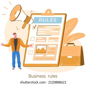 Business rules. Businessman near rules checklist explains order. Principles and strategy of company management for order and restrictions. Legal law corporate regulation. Prohibited actions