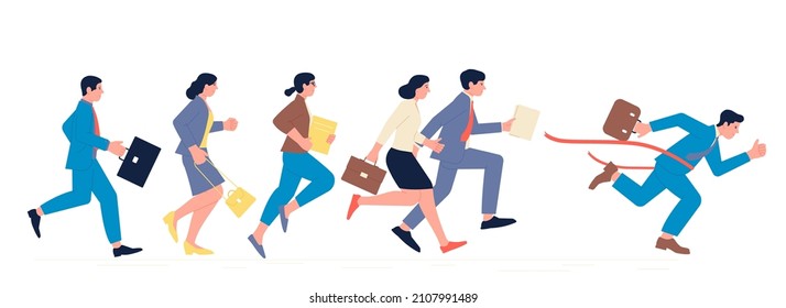 Business run competition. Corporate racing, office running to money. Managers race, runners to success in suits. Corporation team recent vector people characters