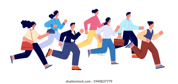 Business run competition. Office worker running, man woman rivalry. Successful professionals, happy employees is rivals to work utter vector concept