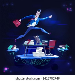 Business - running overcoming obstacles, concept vector cartoon illustration. Businessman in office suit with briefcase in hand runs and jumps over desktop with computer, in purple neon color