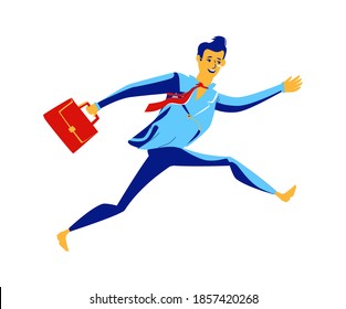 Business - running overcoming obstacles, concept vector cartoon illustration. Businessman in office suit with briefcase in hand runs and jumps, metaphor about enterprise