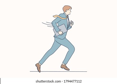 Business, rush, job, race, delay concept. Young motivated happy smiling businessman guy clerk manager cartoon character running with laptop. Participation in competition or hurry at work illustration.