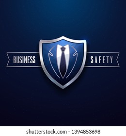 Business safety. Corporal poster. Vector concept. Blue metal shield with abstract elements of a business suit. Stylized lines of jacket lapels, shirt and tie. Dark blue background with a grainy effect