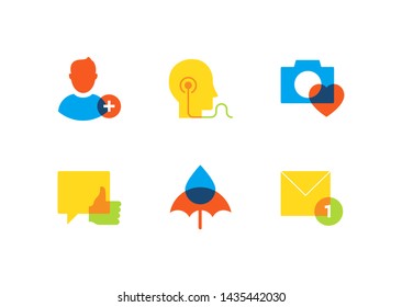 Business and safety - flat design style icons set on white background. High quality colorful images. Add a friend, listening to music, photo, like button, chatting online, unread message symbols