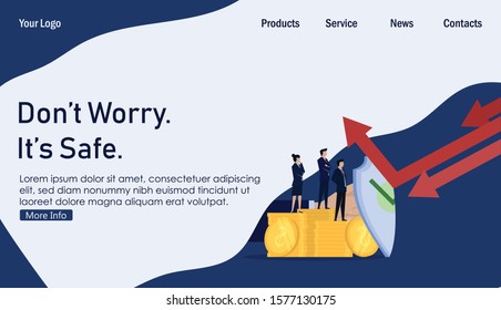 Business safety money with shield cover from attack line. Business Landing Page Template.