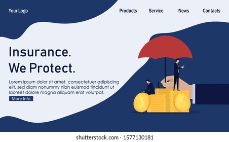 Business safety transaction with umbrella above money. Business Landing Page Template.