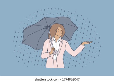 Business, safety, water, rain concept. Young happy miling african american businesswoman clerk manager cartoon character standing nder umbrella when raining. Protection from bad weather illustration.